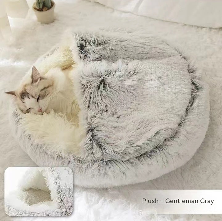 Pet 2 In 1 Plush Winter Bed House Round Warm Soft Sleeping Nest