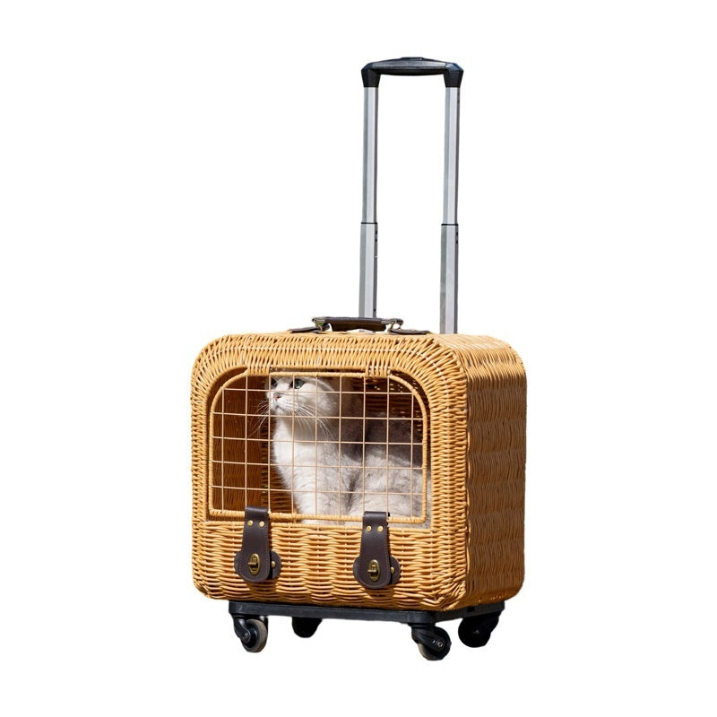 Portable Pet Carrier Woven Rattan Ventilated Handle Travel Bag