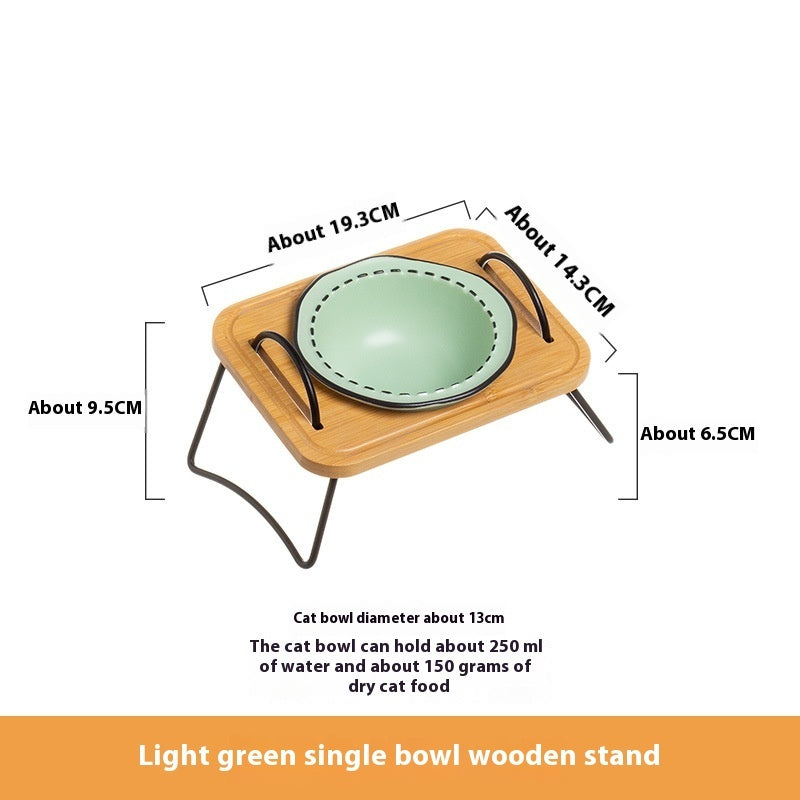 Pet Wooden Rack Ceramic Feeding Bowl Anti-Tumble Oblique Mouth Easy Clean