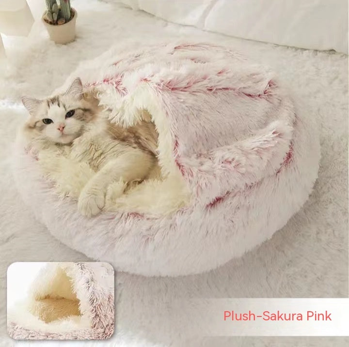 Pet 2 In 1 Plush Winter Bed House Round Warm Soft Sleeping Nest