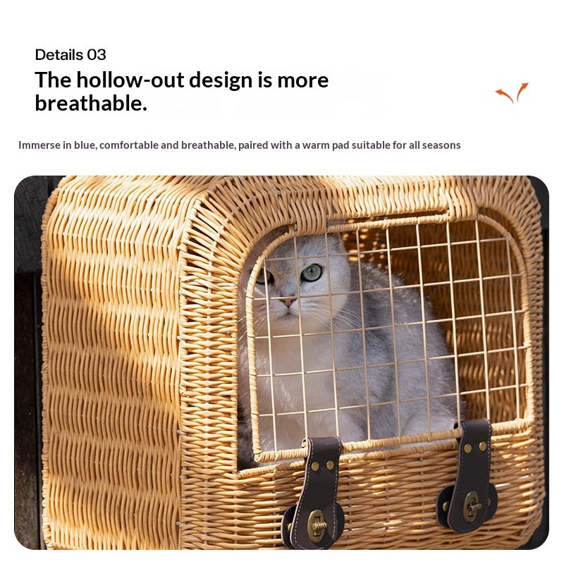 Portable Pet Carrier Woven Rattan Ventilated Handle Travel Bag