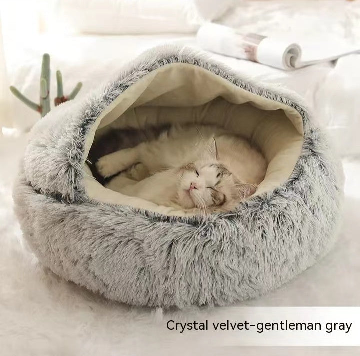 Pet 2 In 1 Plush Winter Bed House Round Warm Soft Sleeping Nest