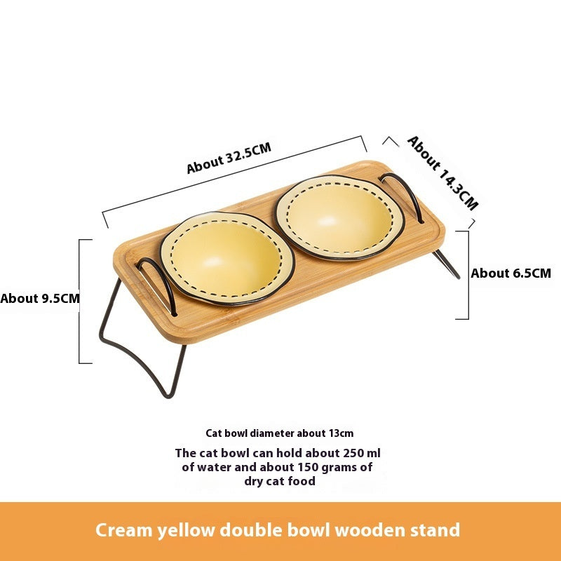 Pet Wooden Rack Ceramic Feeding Bowl Anti-Tumble Oblique Mouth Easy Clean