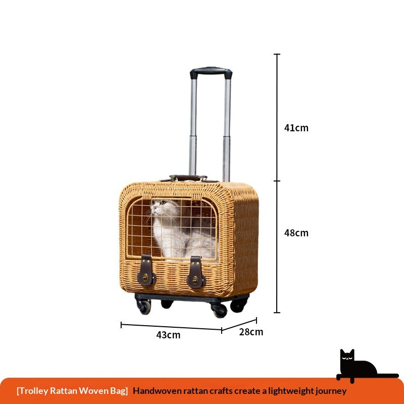 Portable Pet Carrier Woven Rattan Ventilated Handle Travel Bag