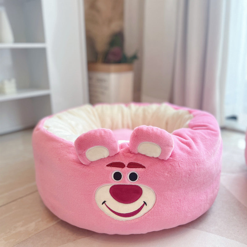 Pet Cartoon Plush Round Nest All Season Cozy Cushion Bed