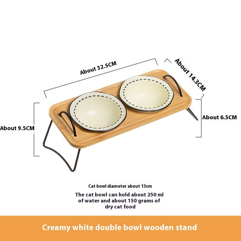 Pet Wooden Rack Ceramic Feeding Bowl Anti-Tumble Oblique Mouth Easy Clean