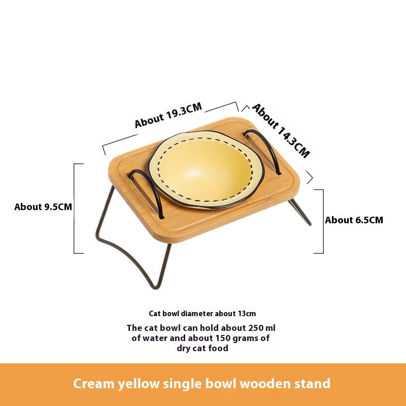 Pet Wooden Rack Ceramic Feeding Bowl Anti-Tumble Oblique Mouth Easy Clean