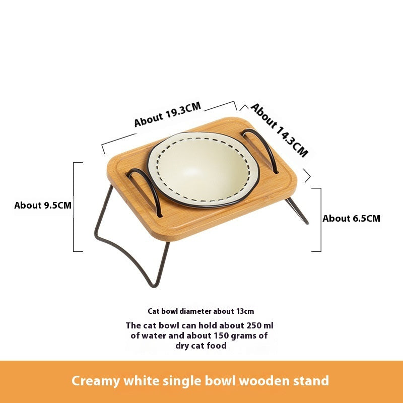 Pet Wooden Rack Ceramic Feeding Bowl Anti-Tumble Oblique Mouth Easy Clean