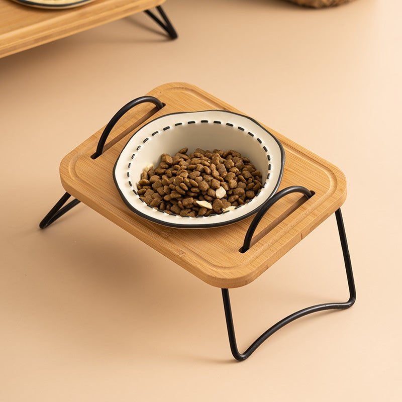 Pet Wooden Rack Ceramic Feeding Bowl Anti-Tumble Oblique Mouth Easy Clean