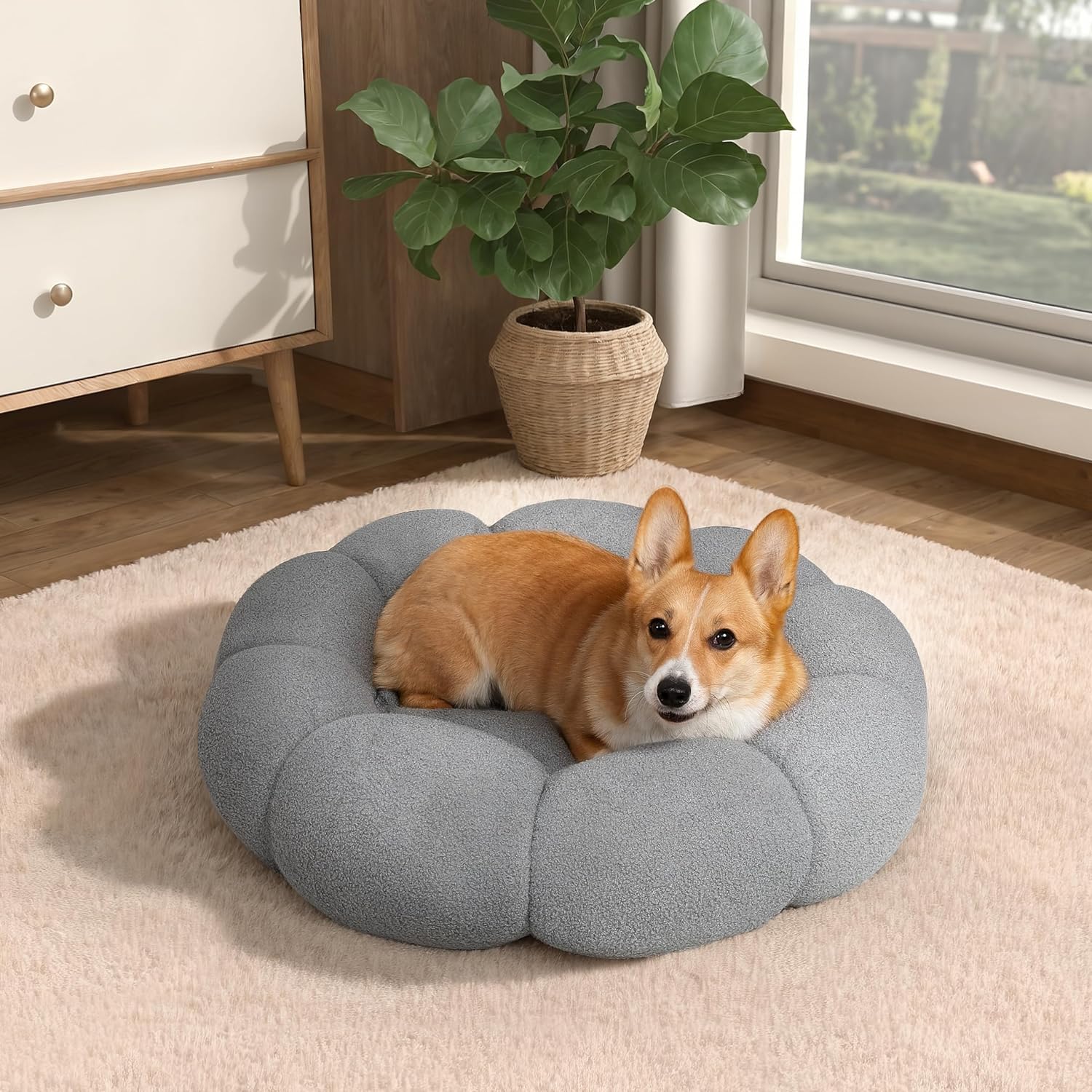 Pet Calming Plush Flower Donut Bed Non-Slip Washable Cozy Nest