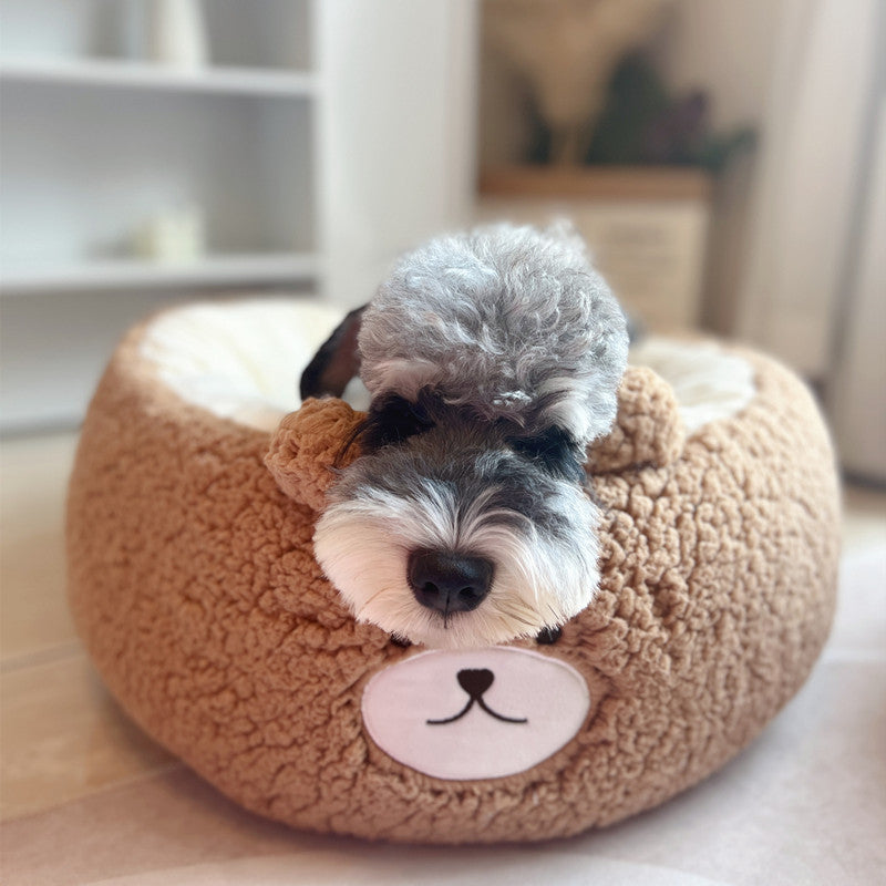 Pet Cartoon Plush Round Nest All Season Cozy Cushion Bed