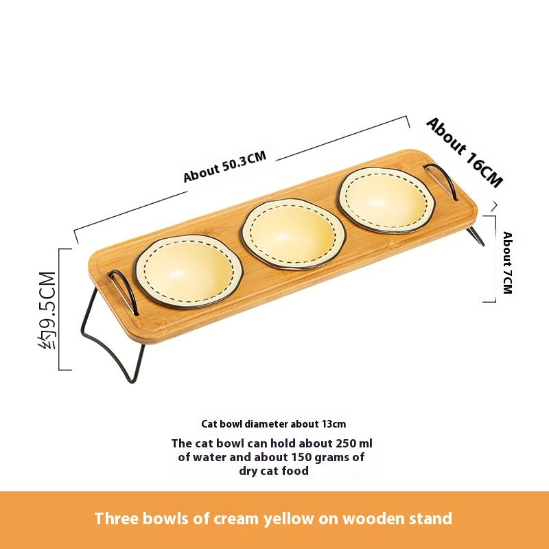 Pet Wooden Rack Ceramic Feeding Bowl Anti-Tumble Oblique Mouth Easy Clean