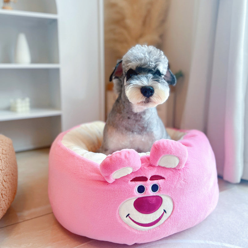 Pet Cartoon Plush Round Nest All Season Cozy Cushion Bed