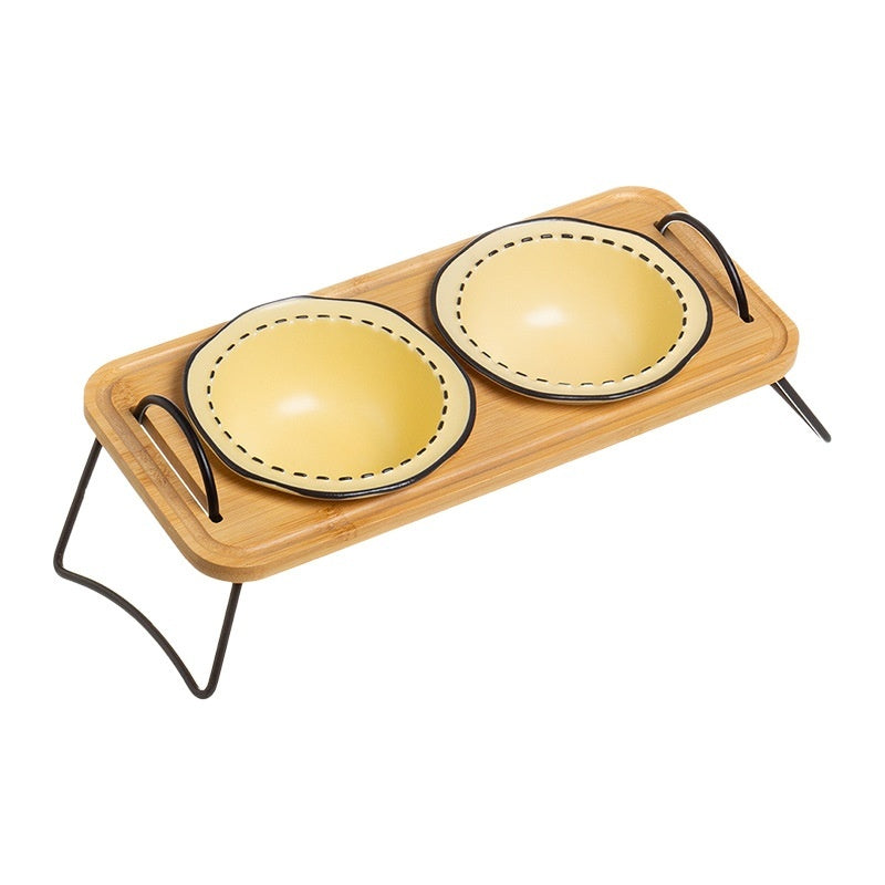 Pet Wooden Rack Ceramic Feeding Bowl Anti-Tumble Oblique Mouth Easy Clean