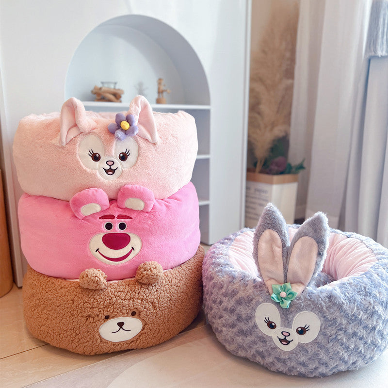 Pet Cartoon Plush Round Nest All Season Cozy Cushion Bed