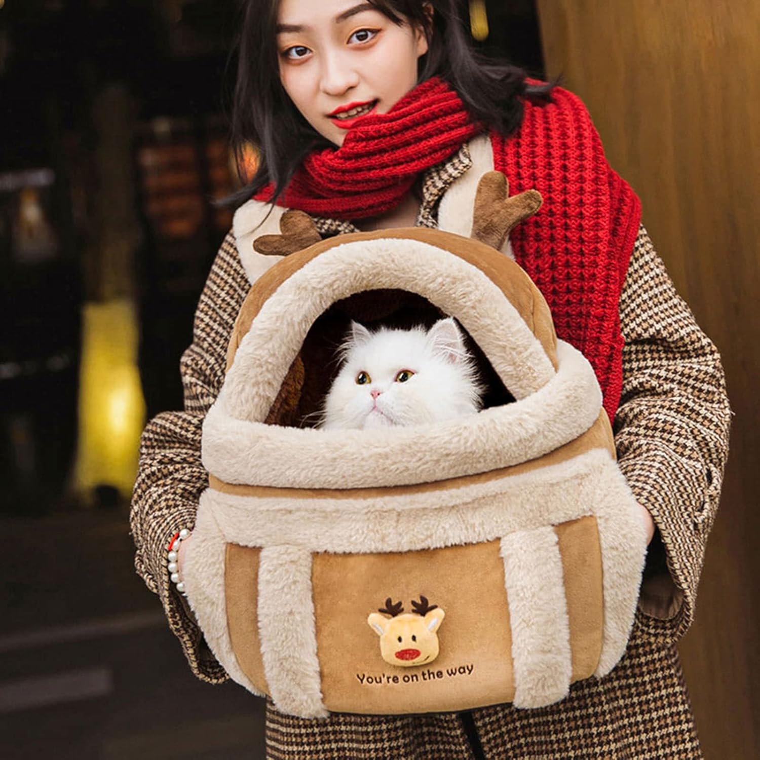 Portable Pet Carrier Backpack Winter Plush Travel Bag