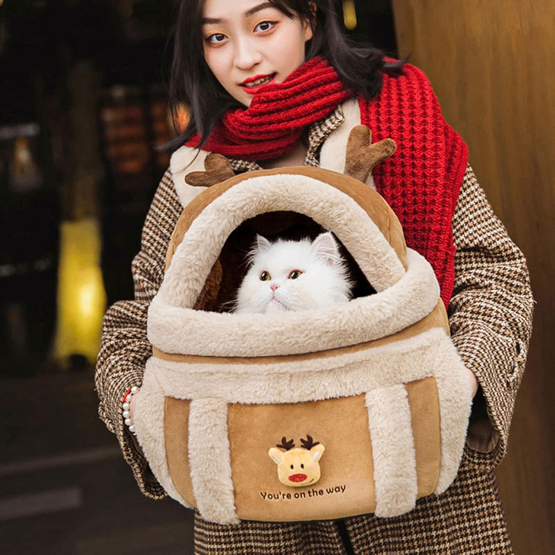 Portable Pet Carrier Backpack Winter Plush Travel Bag