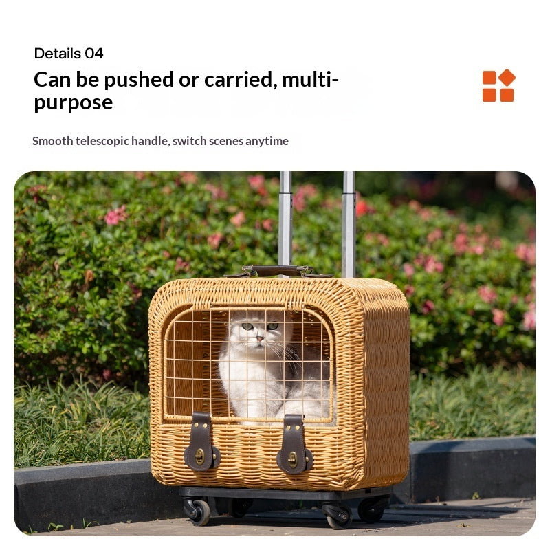 Portable Pet Carrier Woven Rattan Ventilated Handle Travel Bag