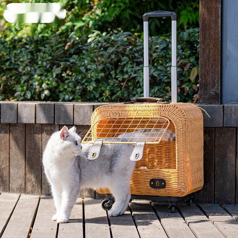Portable Pet Carrier Woven Rattan Ventilated Handle Travel Bag
