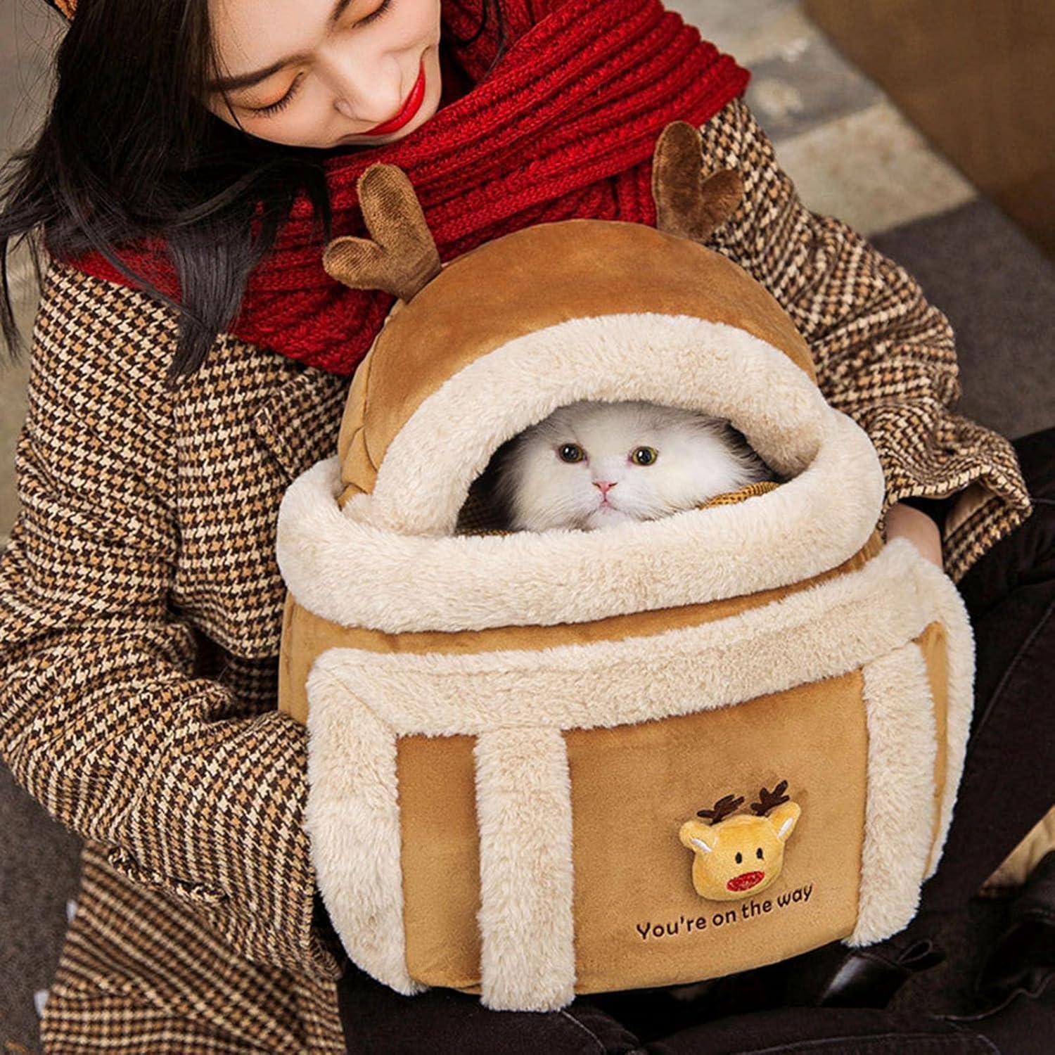 Portable Pet Carrier Backpack Winter Plush Travel Bag