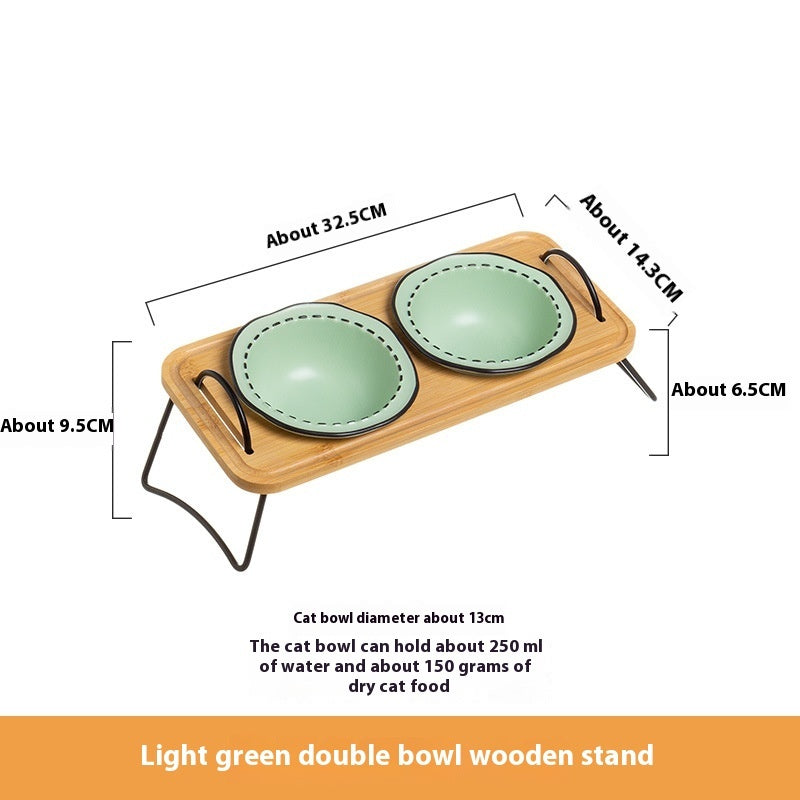 Pet Wooden Rack Ceramic Feeding Bowl Anti-Tumble Oblique Mouth Easy Clean