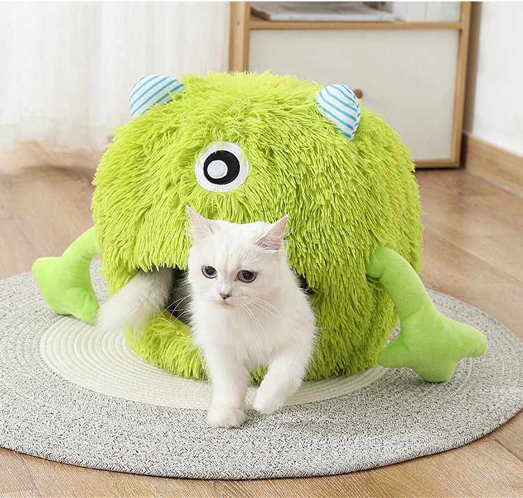 Pet Fluffy Round Calming Plush Bed Non-Slip Washable Self-Warming Cushion