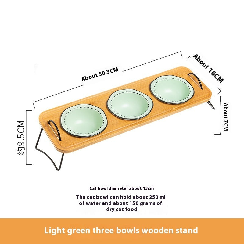 Pet Wooden Rack Ceramic Feeding Bowl Anti-Tumble Oblique Mouth Easy Clean