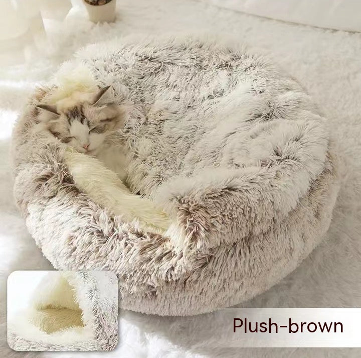 Pet 2 In 1 Plush Winter Bed House Round Warm Soft Sleeping Nest
