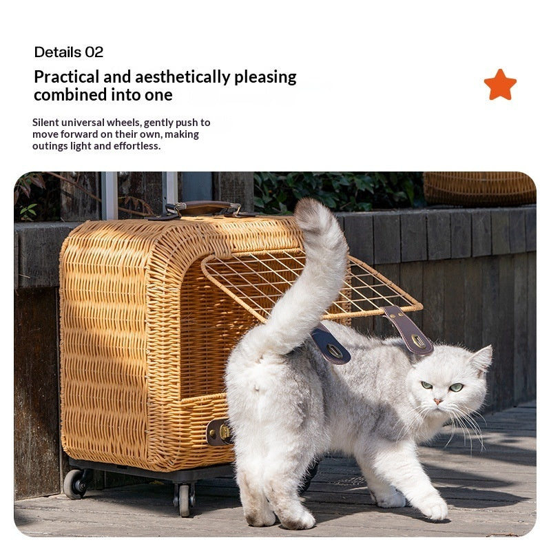 Portable Pet Carrier Woven Rattan Ventilated Handle Travel Bag
