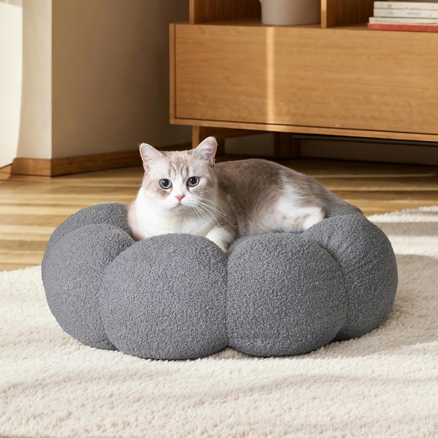 Pet Calming Plush Flower Donut Bed Non-Slip Washable Cozy Nest