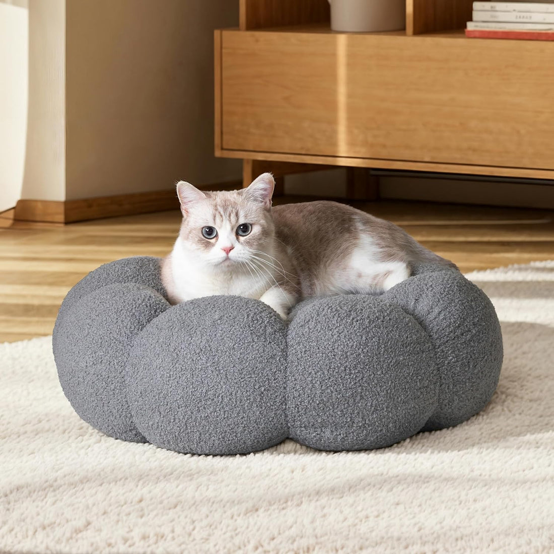 Pet Calming Plush Flower Donut Bed Non-Slip Washable Cozy Nest